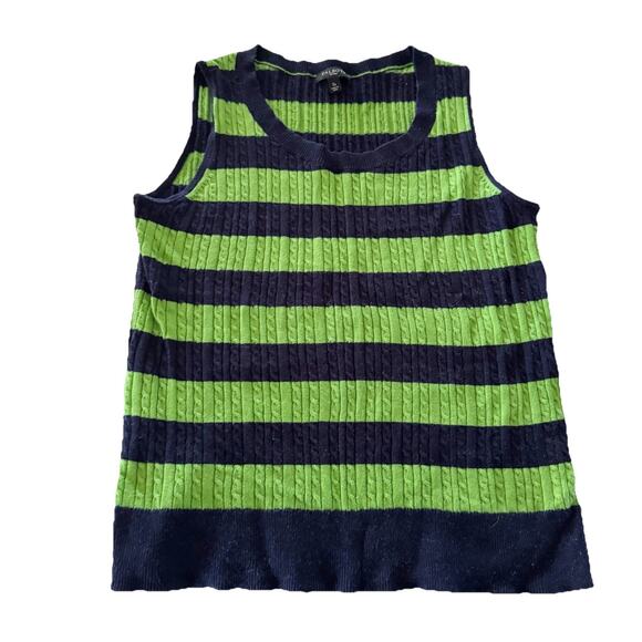 Talbots Women Small Sweater Knit Tank Top Blouse Green Navy Blue Stripe - Picture 1 of 4